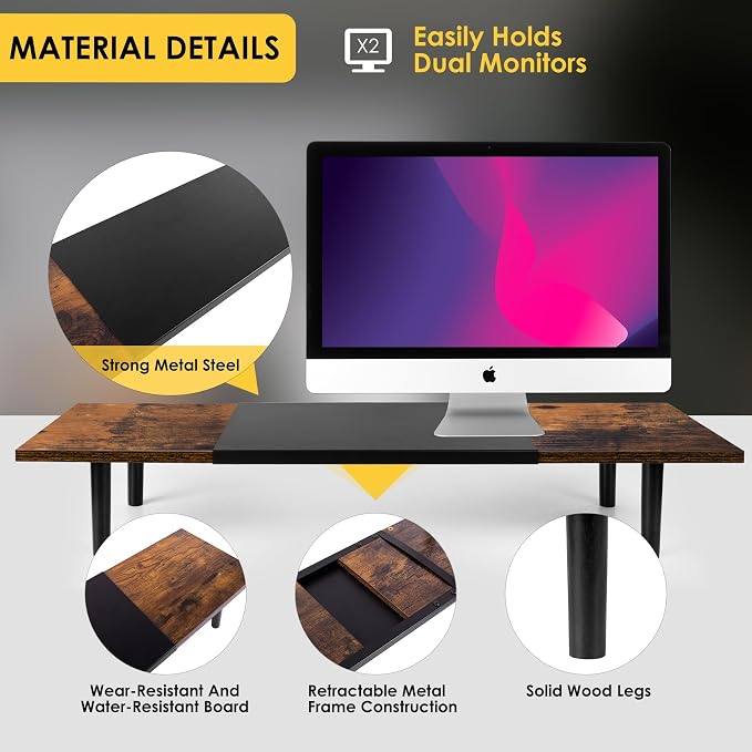 Across-Star Dual-Monitor-Stand-Riser-For-Desk Adjustable Length 32-40 Inch，Large Desktop Computer Monitor Riser For 2 Screens，Desk Shelf Organizer Riser Stand For Computer/Laptop/PC/Printer/TV Black - Image 4