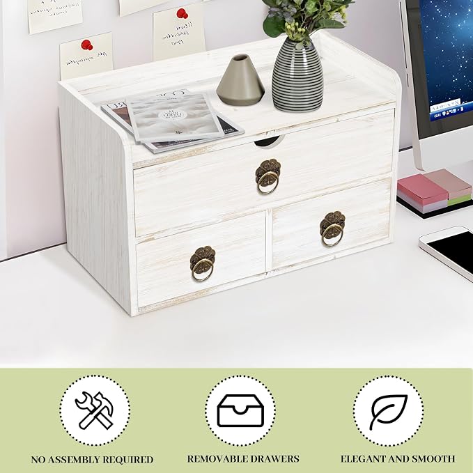 Wood Desk Organizer with Drawer, White Wooden Desktop Organizer, Tabletop Storage Organization Box for Countertop, Home Office Supplies, 13.5x6.6x8.2 Inch(3 Drawer and Shelf) - Image 7