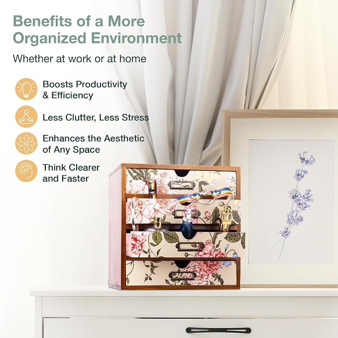 4-Drawer Vintage Desk Organizer with Jacobean Pattern Pastel Flowers Curio Drawer Dresser, Closet, Tabletop - Embroidery Reel Shelf Wood Desktop Organizing Cabinet - Victorian Floral Design - Image 6