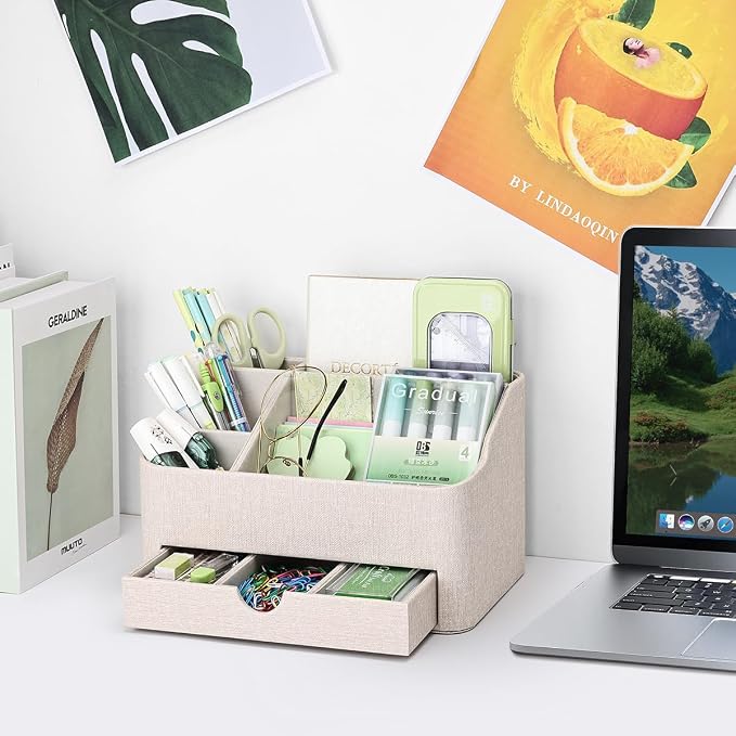 PU Leather Desk Organizer with Drawer, 5 Compartments Desktop Storage Caddy for Office & Home Supplies, Pen Holder for Remote Control, Phone & Accessories, Mail Organizer Countertop(Beige) - Image 7