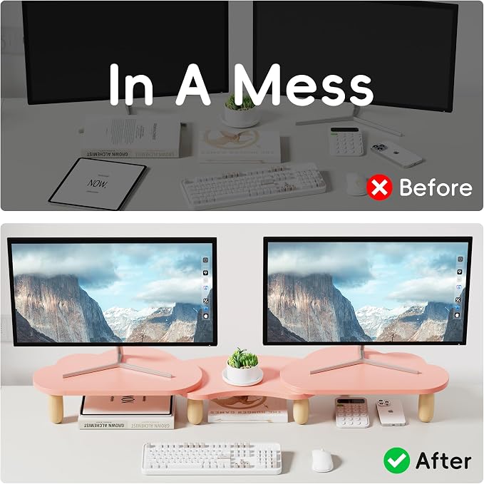 AFOOYO Dual Monitor Stand Riser, Adjustable Rainbow Cloud Desktop Organizer for 2 Monitors, Flexible Length & Angle Computer Stand for Laptop, PC, Printer, Home Office Use - Pink - Image 3