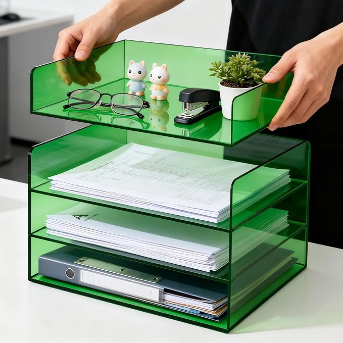 Gelite Acrylic File Organizer for Desk 4 Tiered Stackable Letter Tray Office Paper Storage Desktop Document Sorter, Emerald Green - Image 3