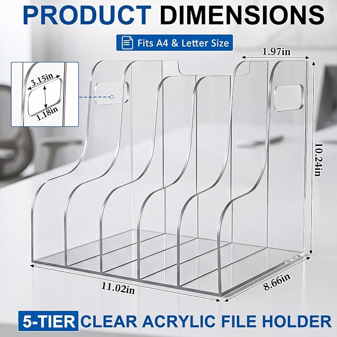Acrylic Magazine Holder, 5 Vertical Compartments Files Sorter Organizer Rack, Clear Desk Document Storage Bin For, Magazines, Binders, Books, Home Office Workspace Desktop Organization - Image 2