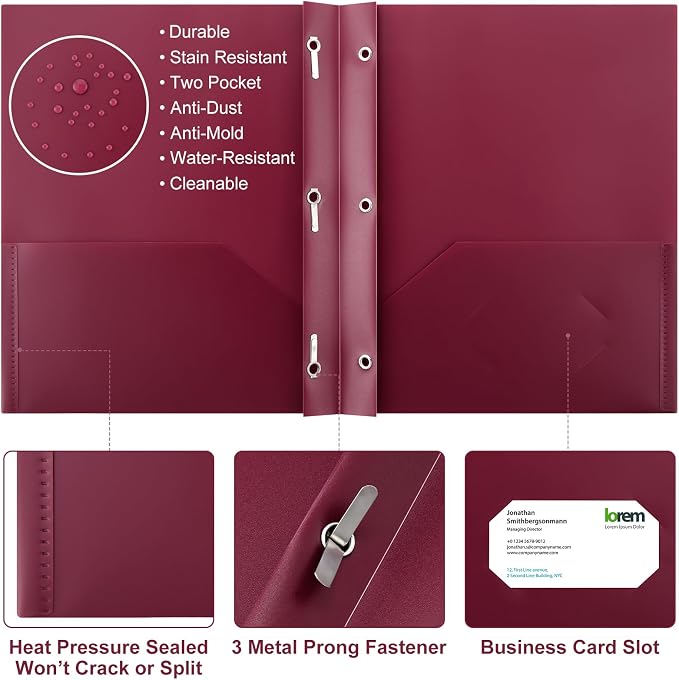 Cholemy 72 Packs Pocket Folders with Prongs Heavy Duty Plastic Folder with Business Card Slot 3 Prong Fasteners for School Office (Burgundy) - Image 3