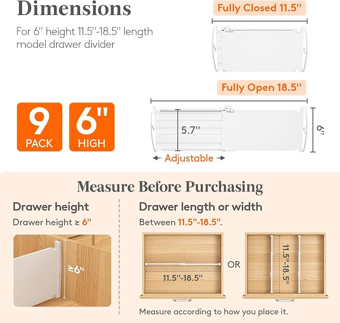 Lifewit 6" Tall Drawer Dividers, Adjustable Deep Drawer Organizer Clothes | 9 Pack 11.5"-18.5" Expandable White Plastic Separators for Dresser, Kitchen, Cabinet, Closet, Office Organization & Storage - Image 2