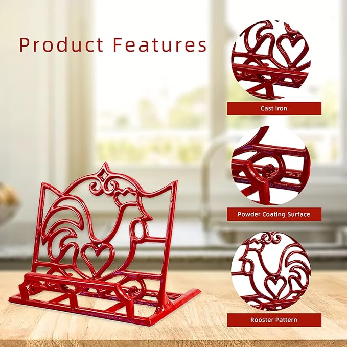 Cookbook Stand, Cast Iron Heavy-Duty Recipe Book Holder, Kitchen Vintage Recipe Book Holder, Reading Rest Holder for Easel/Counter/Books/Magazine/iPad/Bible, Red - Image 3