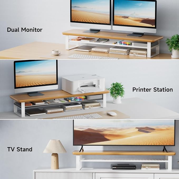 Dual Monitor Stand, 35.4 Inch Monitor Stand Riser for 2 Monitors, 2 Tiers Wood Desk Shelf with Storage, Desktop Organizer Stand for Computer, Laptop, Printer, TV - Image 7