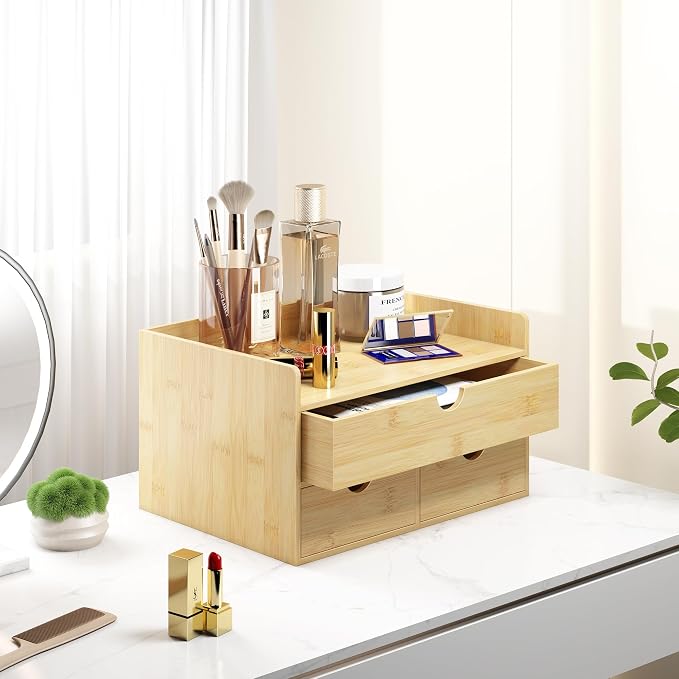 Bamboo Desk Organizer with Drawers, Desktop Storage Box for Office Supplies | 3 Drawers Desktop organizer, No Assembly Required, Natural Wood Wooden Desktop Drawers for Bills, Cosmetics, Seals, Paper - Image 8