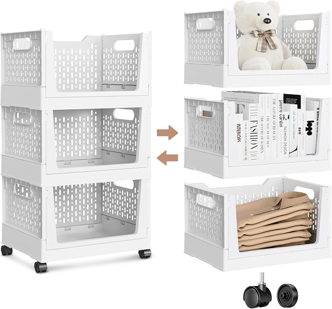 Stackable Storage Bins, Folding Collapsible Closet Organizers and Storage Bins Box, Plastic Shelves Drawer Organizer Container for Closet Office Bedroom Kitchen Bathroom with Wheels, White, 3 Pack by TRIOSEA