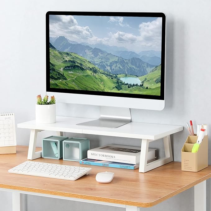 TEAMIX 24 inch Monitor Riser for Desk, Wood & Steel Computer/TV Stand White | Laptop, PC, Printer Stand Riser, Holds 150lbs, Desktop Organizer, Keyboard Storage, for Office, Home, Gaming, Craft Space - Image 2