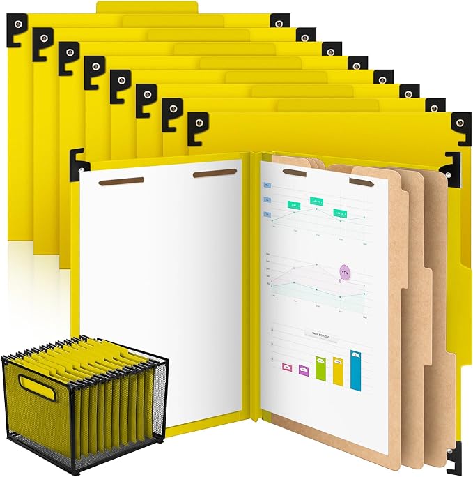 Henoyso 15 Pcs Hanging Classification Folders with Prongs, 3 Divider/ 8 Section, Letter Size, 8 Fasteners, 4 Inch Expansions, 1/3-cut Tab Pressboard File Folder for Office School Medical(Yellow) by Henoyso
