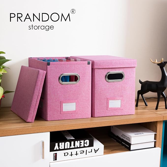 File Organizer Box - Set of 2 Collapsible Decorative Linen Filing Storage Hanging File Folders with Lids Office Cabinet Letter Size Pink (14x9.3x10.8 inch) - Image 2