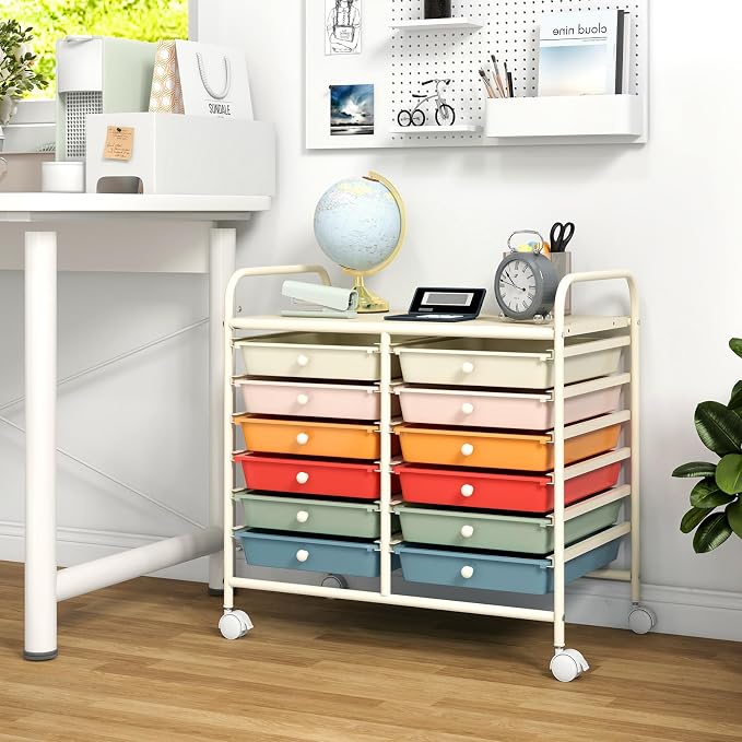 GOFLAME 12-Drawer Rolling Storage Cart, Multifunctional Art Craft Organizer Cart, Mobile Utility Storage Cart with Removable Drawers & Lockable Wheels, Craft Cart for Home Office School, Macaron Color - Image 4