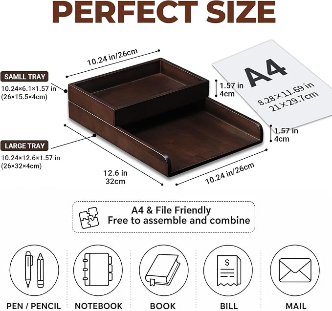Wood 2-Tier Letter Tray, Stackable Detachable Paper Tray Desk Organizer | Detachable A4 File Holder, No-Assembly Desk Mail Sorter, Walnut Color Wood, Home Office Storage, Letter Paper Tray - Image 2
