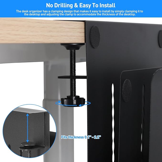 MAXECHO Desk Side Storage, Under Desk Laptop Mount, Table Side Hanging File Organizer, No Drill Clamp On Cable Management Tray, Laptop Holder with Magnetic Pen Holder for Office and Home, Load 22 Lbs - Image 2