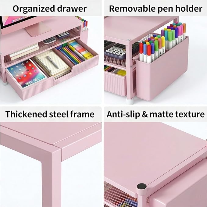 ECOLOVI Desk Organizer and Accessories, 2-Tier Computer Monitor Stand Rise with Storage Drawer & 2 Pen Holders, Laptop & Printer Stand for Desktop, Workspace Organizers for Office Supplies (Pink) - Image 3
