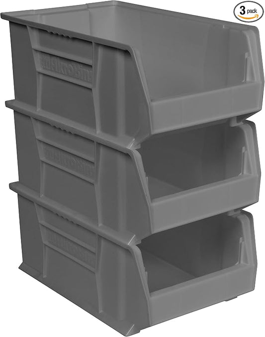 Akro-Mils 30281 Super-Size AkroBins Plastic Storage Bins, Space-Saving Stackable Bins for Garage, Classroom, Warehouse Organization, 20" L x 12" W x 8" H, Grey, 3-Pack by Akro-Mils