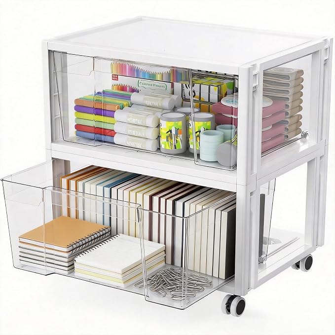 Stackable Storage Drawer Carts, Extra Large Bins 2 Tier 2 Drawers | Smooth Pull-Out Drawers, Clear Plastic Storage Organizer Container For Home Office Bedroom Bathroom Art Crafts Under Desk by HOMETUK