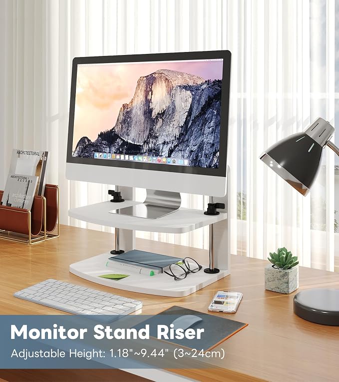 Computer Monitor Stand Riser for Reduced Neck Strain, Adjustable Height Desk Shelf Organizer Monitor Riser Stand for PC Monitor - Not for Laptop - Withe - Wood Grain, MR01-M - Image 2