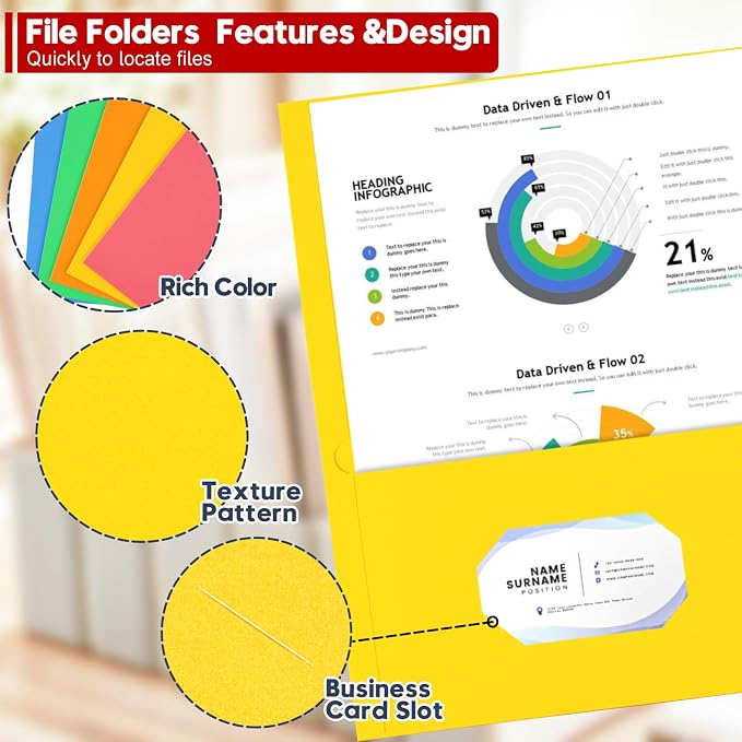 100 Pack Multicolor Paper Pocket Folders, 2 Pocket File Folders Letter Size, Heavy Duty Bulk Folders with Business Card Slot for Office, Classroom and School, Business, Home Use, Assorted 5 Colored - Image 2