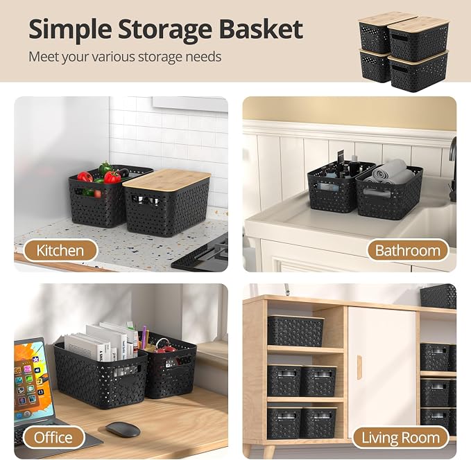 Plastic Storage Bins with Bamboo Lids, Stackable Small Box Baskets for Organizing and Containers for Shelves Drawers Desktop Closet Pantry Classroom Office Home, 4 Pack 12x7.3x6.2 Inch, Black - Image 4