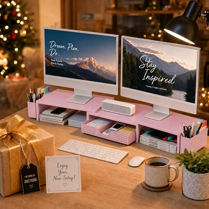 Desk Organizers and Accessories, Dual Monitor Stand Riser with Drawer and 2 Pen Holders, Desk Shelf Computer Racks for Office Workspace Organizers, Desktop Organization (Pink) - Image 9