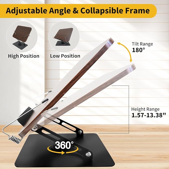 Book Stand for Reading, Adjustable Book Holder with 360°Rotating Bases, Foldable Book Holders for Reading Hands Free with Elastic Page Clips,Fits for Book,Recipe,Music Scores, Kindle,Magazines,Tablets - Image 5