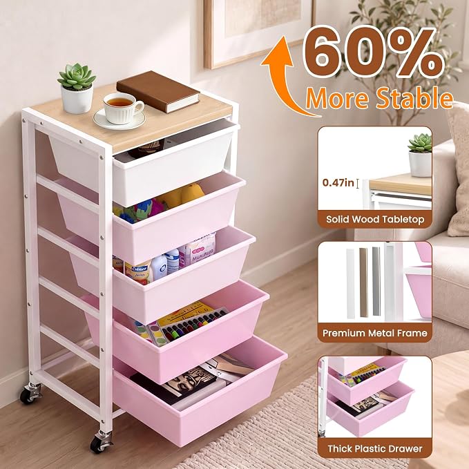 Rolling Cart with 5 Drawers, Plastic Drawer Storage Carts with Wheels & Wooden Tabletop, Metal Utility Cart for Office Bedroom Living Room Classroom, Craft Organization and Storage, Pink - Image 5