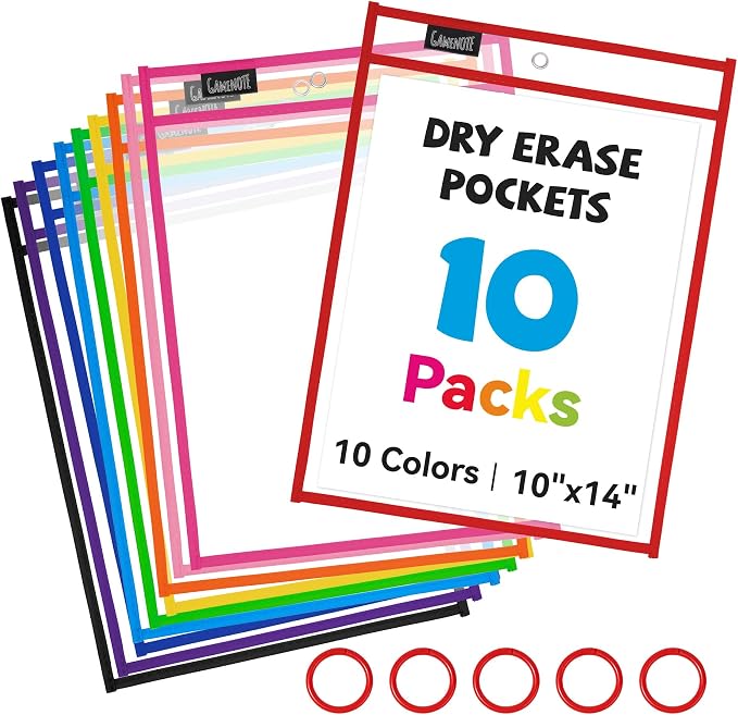 GAMENOTE 10 Pack Dry Erase Pockets, 10x14 Reusable Sleeves, 10 Colors | 10 reusable PVC pockets hold 8.5 x 11 and 9 x 12 sheets; double sided wipe clean surfaces, pen loops, eyelets, and 5 rings by Gamenote