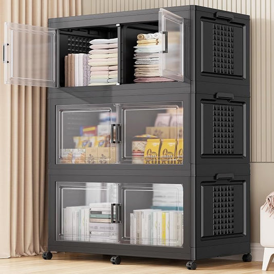 150Gal XL Stackable Storage Bins Foldable Box Cabinet for Home 3Pack Black | Extra Large Plastic Boxes with Dividers Multi-Compartment Collapsible Closet Organizers and Storage Cabinet with Wheels Door by BROVIEW-EnjoytheArtofLife