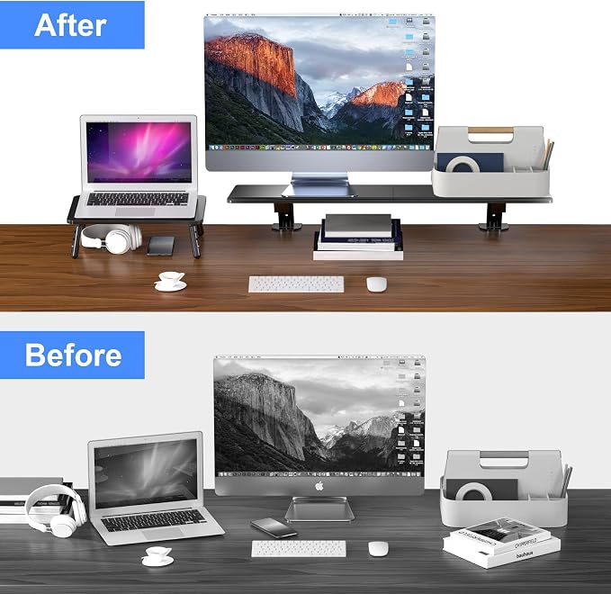 suptek Clamp-on 32 Inch Dual Monitor Desk Mount Riser Shelf Computer Stands for 2 Monitor,Laptop,Printer, Notebook,32.2” x 7.8” x 5.7” - Image 5