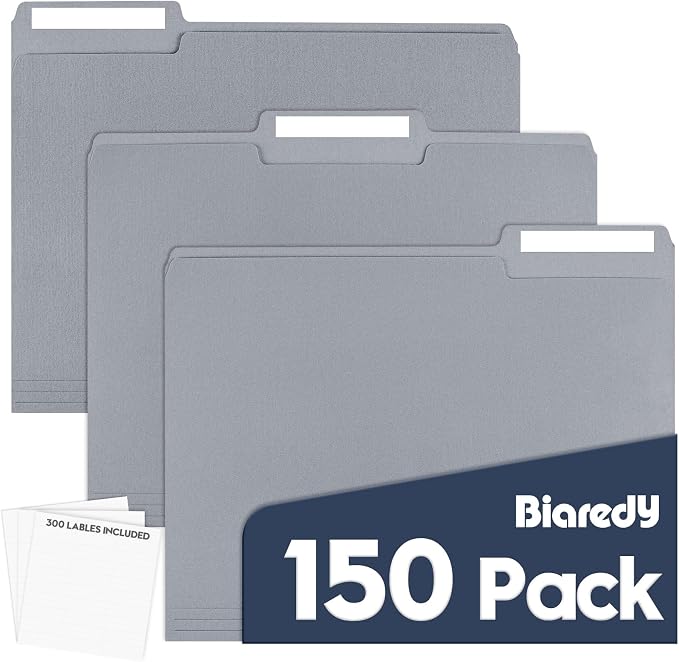 File Folders,150 Pack 1/3 Cut Tab Bulk Colored File Folders,Letter Size 8.5" x 11",Durable Paper Folders with Blank Labels for Office Business School Home Use,Cold Gray by Unknown