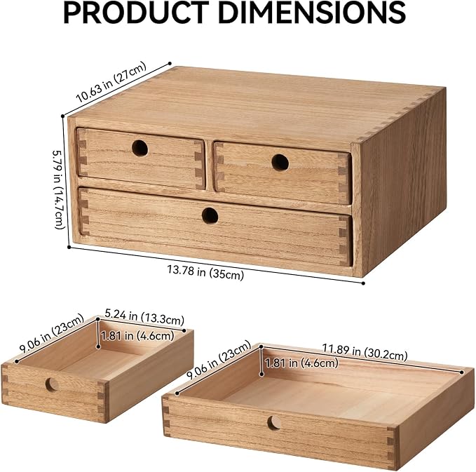KIRIGEN Wood Desk Organizer with 3 Drawers, Desktop Storage Brown 23-DBR | Wooden Desktop Drawer Hold A4 Papers, Stationery, Jewelry, and Makeup, Fully Assembled for Home Office - Image 2