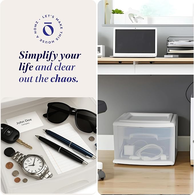 HOMZ 1 Drawer Storage Cart, Medium Plastic Container, White Frame, 2 Pack | 14.25" Wide Medium Tote with 1 Clear Drawer for Organizing Bathrooms, Bedrooms, Home Offices, Closets, and Dorm Rooms - Image 7