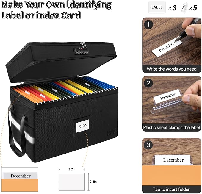 Large Fireproof Document Box with Lock, 2 Layer File Storage Organizer Box | Portable Office Collapsible File Storage with Reflective Strip & Handle for Hanging Letters, Legal Size Folder, Certificate - Image 5
