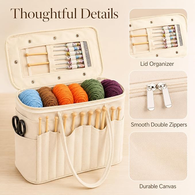 Canvas Yarn Storage Bag with Personalized Name Leather Patch, Large Canvas Yarn Bag for Crochet and Knitting, Crochet Organizer with Multiple Pockets & Yarn Holes, Birthday Gift for Mom Grandma - Image 4