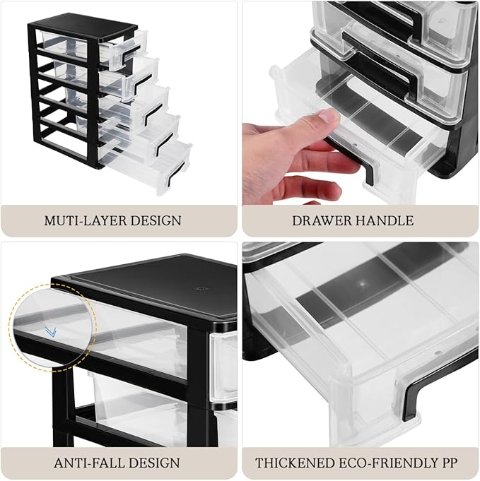 Angoily 5-Tier Plastic Drawer Storage Cabinet Portable Desktop Organizer for Office Study Cosmetics Sundries Holder 12.40X8.66X5.98In - Image 8