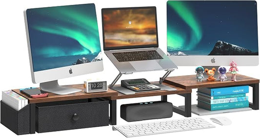 LAND·VOI Heavy Duty Dual Monitor Stand, Holds 2 Screens Up to 27 Inches, Adjustable Length and Angle Monitor Riser, Desk Organizer with Side Pockets and Drawers, Home Office Desk Storage, Rustic Brown by LAND%C2%B7VOI