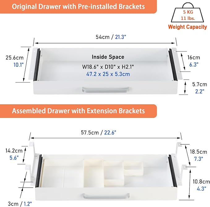 Under Desk Drawer 21" with 4 Divider Trays, Storage Drawer Organizer | White, Under Counter, Desk Accessory, Attachable for Workbench, Adjustable Brackets, for Desk Lip with Crossbar, Clamp Mount - Image 5