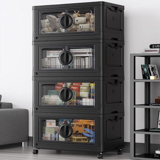 BROVIEW 480Qt Lockable Stackable Storage Bins with Lids, Closet Organizers and Storage Drawer, Collapsible Storage Bin with Wheels, Plastic Cabinet for Toy Clothes Dorm Organizer, V9 4 Pack Black by BROVIEW-EnjoytheArtofLife