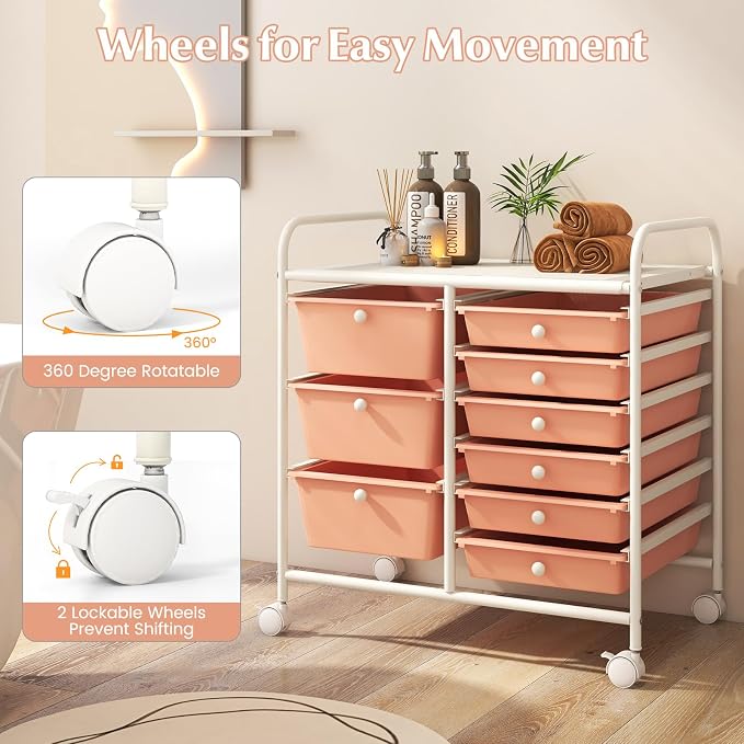 Moccha 9-Drawer Rolling Storage Cart - Under Desk Storage Drawers with wheels for Craft Art Supply Paper Salon, Scrapbook Paper Tools, Mobile Utility Cart for Classroom, Peach - Image 7