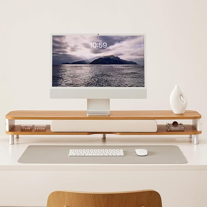 Fenge Dual Monitor Stand with Large Storage Drawer, 42.5" Dsek Shelf, Oak | Slide-Out Drawer with Soft Touch Leather, Ergonomic Monitor Riser, Aluminum leg, 2-Tier Desk Organizer for Laptop, TV, PC - Image 6