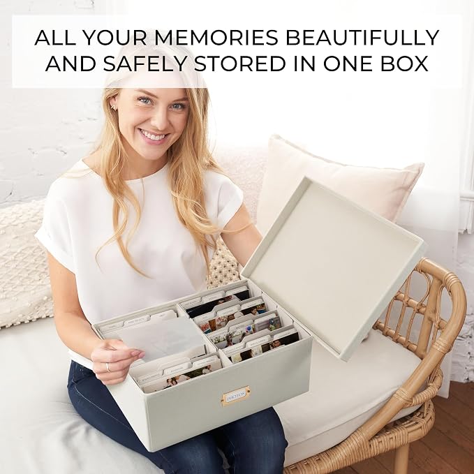 ZICOTO Decorative Photo Storage Box - Sturdy Linen Photo Organizer with Dividers is Perfect to Store Up to 1700 Pictures and 5x7 Photos - Portable Scrapbook Storage Containers with Lid - Image 3