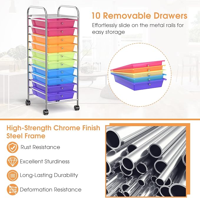 Storage Cart, Rolling Utility Cart with 10 Drawers, Portable Handles & Lockable Wheels, Mobile Paper Toys Storage Organizer Large Capacity for Home Office School Teacher (Rainbow) - Image 7