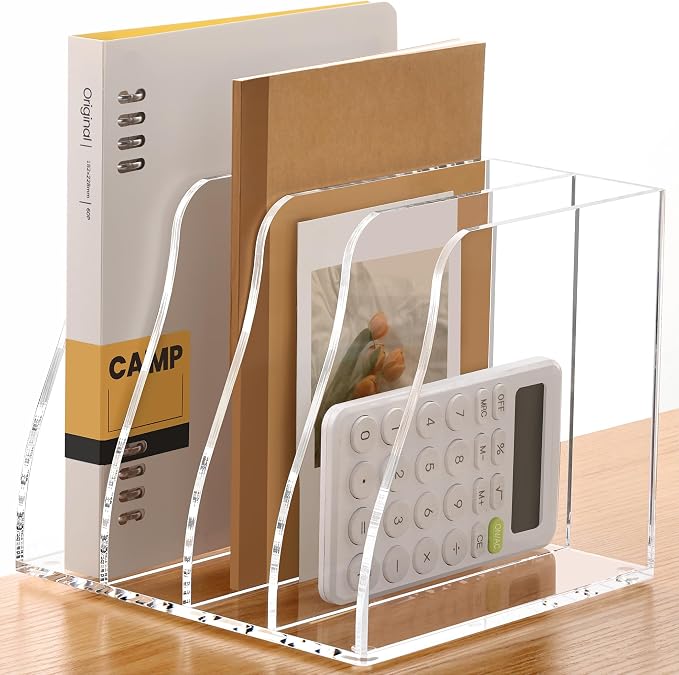 SANRUI Acrylic Magazine File Holder Desk Organizer, Clear 4 Compartments | Workspace Document Sorter, Vertical Folder Rack Binder for Office Home Classroom Tablet, Books & Accessories Storage by SANRUI
