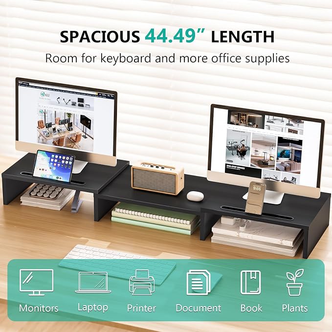 WALI Extra Long Wooden Dual Monitor Stand Riser with 2 Slots, up to 22lbs | Underneath Storage, Adjustable Length & Angle, Multi-Purpose Desktop Organizer Desk Shelf for Home Office PC, Laptop, Printer - Image 2