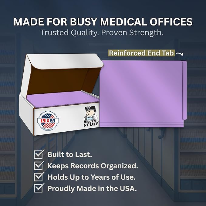 Lavender File Folders, Doctor Stuff, Letter Size Reinforced End Tab Folder with 2" Bonded Fastener on Inside Back, 14 pt Stock, Box of 50 - Image 9