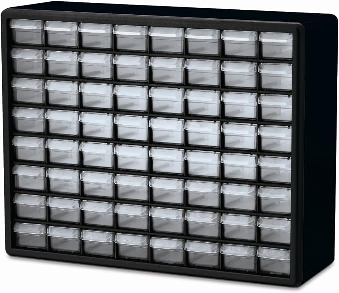 Akro-Mils 64-Drawer Plastic Storage Cabinet, 20"W x 6"D x 16"H, Black | Plastic Cabinet w/ Drawers for Garage Organization, Beads, Building Bricks Storage, Teacher Toolbox, Makeup Organizer, 10764 by Akro-Mils