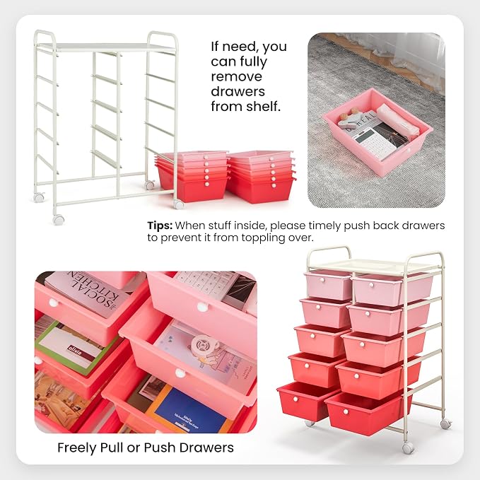 Moccha 10-Drawer Rolling Storage Cart - Under Desk Storage Drawers with wheels for Craft Art Supply Paper Salon, Scrapbook Paper Tools, Mobile Utility Cart for Classroom, Gradient Pink - Image 7