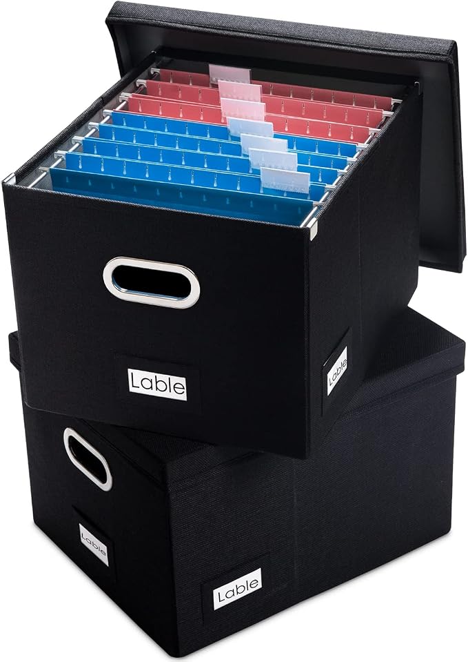 File Organizer Box - Set of 2 Collapsible Decorative Linen Filing Storage Hanging File Folders with Lids Office Cabinet Letter/Legal Size Black (17x14x11.2 inch) by Prandom